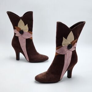 Predictions Vintage Y2K Floral Pink Brown Heeled Boots Size 6
